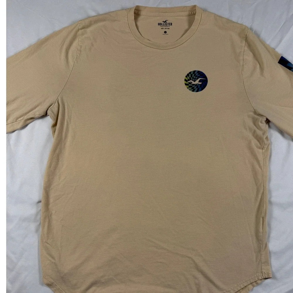Hollister L Tan Long Sleeve Graphic Tee | Retro Spiral Logo Curved Hem Skater - Picture 1 of 9
